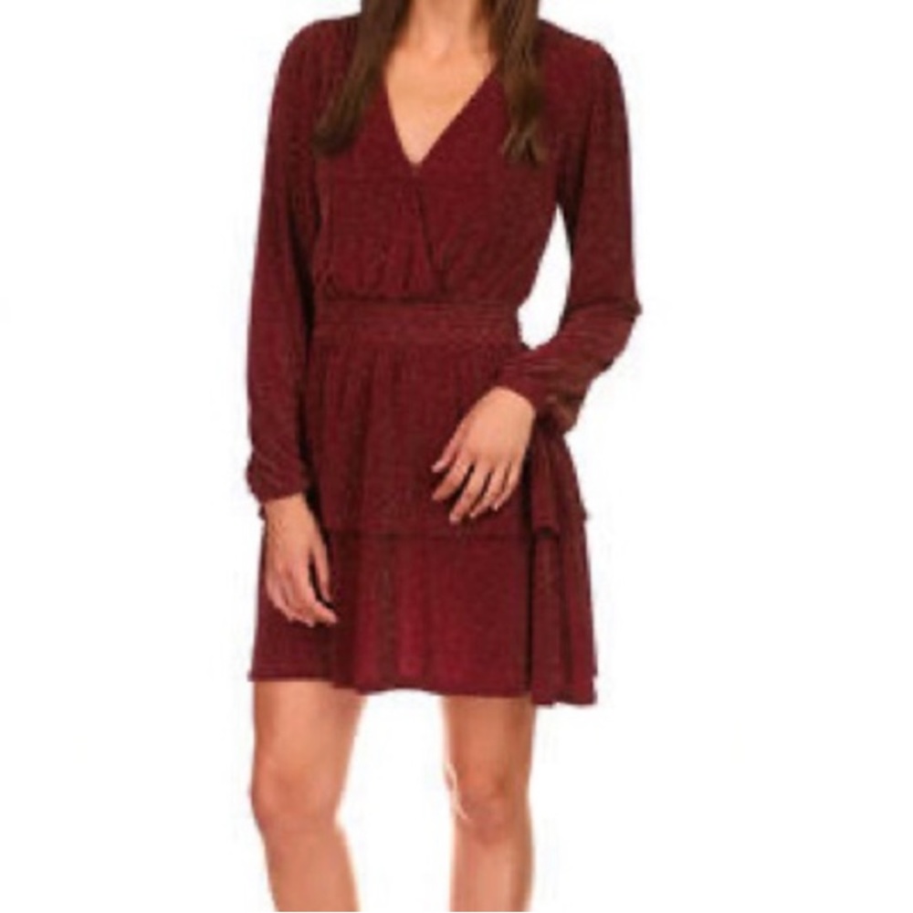 Michael Kors Metallic Jersey Long Sleeve Surplice V-necked Smocked Waist Dress